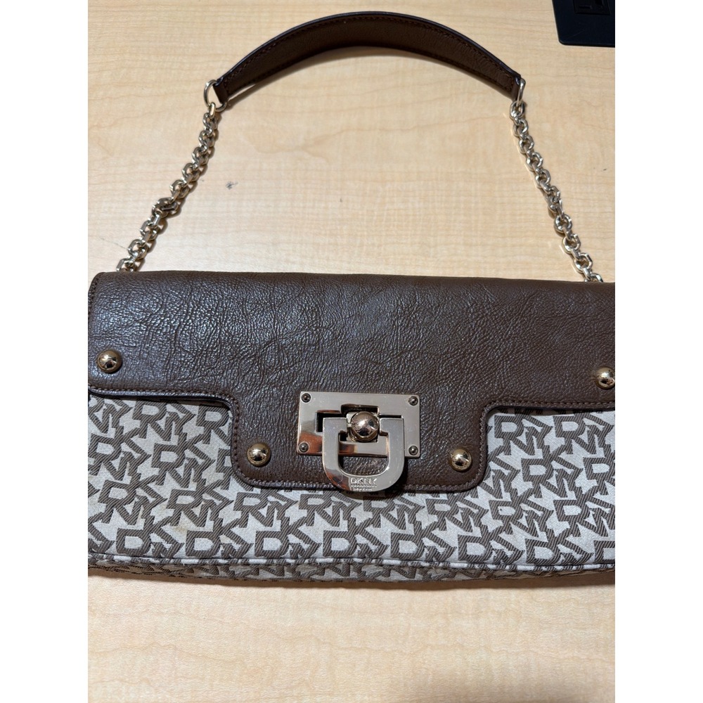 DKNY Monogram Canvas Brown Leather Shoulder Bag Silver Chain Turn Lock Clutch